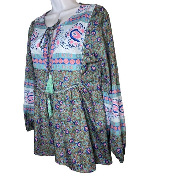 Misslook Womens Boho Top Blue Floral Chiffon Tie V Neck Pullover Sz Small - Picture 3 of 9